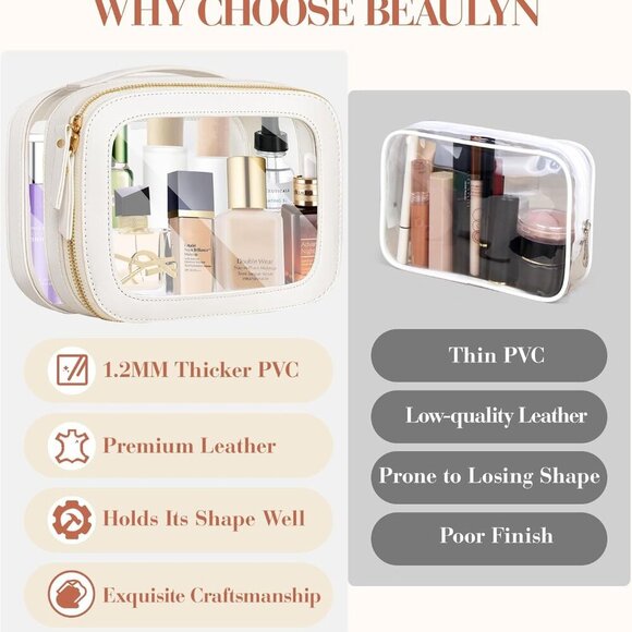 Clear Makeup Bag for Women - Waterproof Travel Toiletry Bag, Transparent Leather - Picture 4 of 7